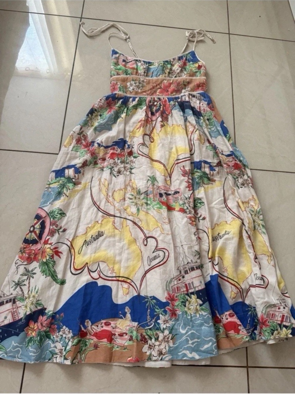 Christian Lacroix Women's Farm Dress S Rio Linen Blue Map Dress Floral Print